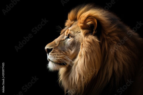 Majestic side view head shot of lion over black background with copy space. Generative AI