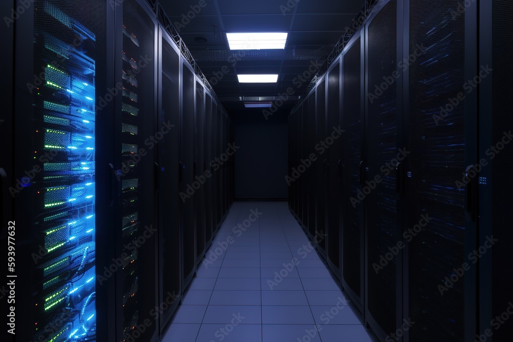 Corridor of data server center. dark background. Generative AI Corridor of data server center. dark background. Generative AI