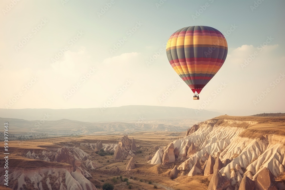 Colorful hot air balloon flying over Cappadocia arid landscape. Generative AI