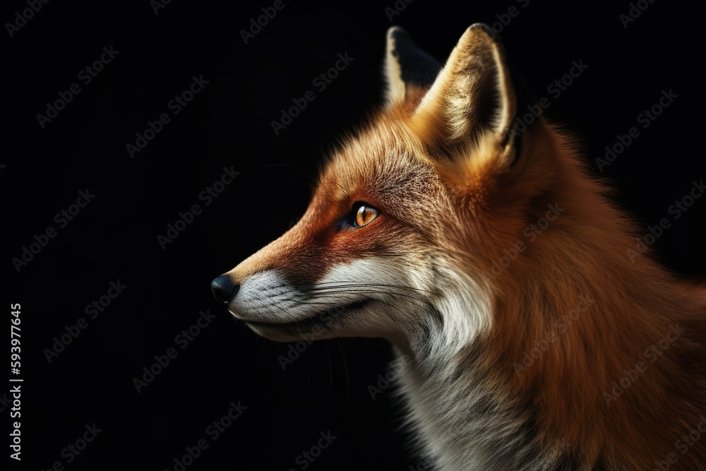 Fototapeta premium Side view portrait of red fox over black background with copy space. Generative AI
