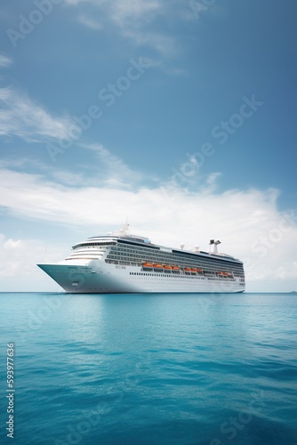 Cruise ship in the Caribbean blue sea. Generative AI vertical shot