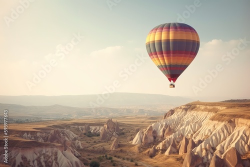 Colorful hot air balloon flying over Cappadocia arid landscape. Generative AI © Pajaros Volando