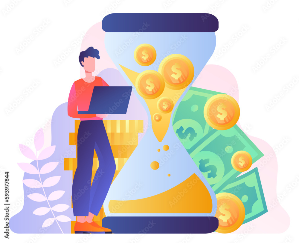 Money time concept. Man with laptop stands next to money and hourglass. Successful entrepreneur or businessman, rich young guy. Passive income and efficiency. Cartoon flat vector illustration Money time concept. Man with laptop stands next to money and hourglass. Successful entrepreneur or businessman, rich young guy. Passive income and efficiency. Cartoon flat vector illustration