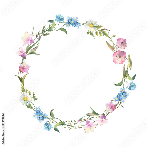 Floral wreath. Watercolor field flower round frame. Wildflowers. Meadow flowers circle border