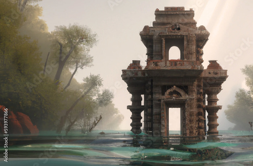 Prompt:Ancient temple rising from underwater,classical Indian style architecture.