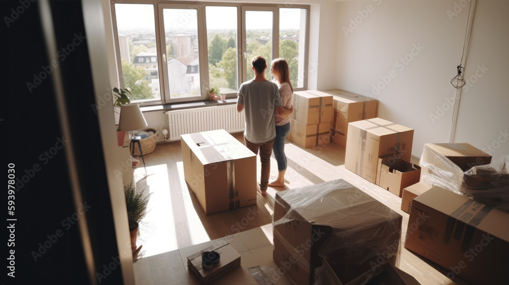 A young couple in a new apartment among cardboard boxes. Moving day. Generative AI A young couple in a new apartment among cardboard boxes. Moving day. Generative AI