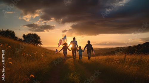 Family runs through a beautiful landscape, holding American flags in their hands. Generative AI