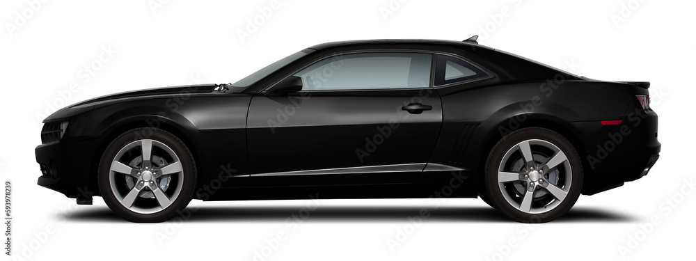 Modern powerful american muscle car in black color. Side view on a transparent background, in PNG format.
