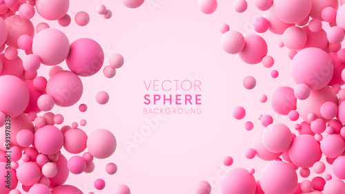 Abstract background with pink matte soft chaotic balls in different sizes.  Pink random flying spheres. Vector background