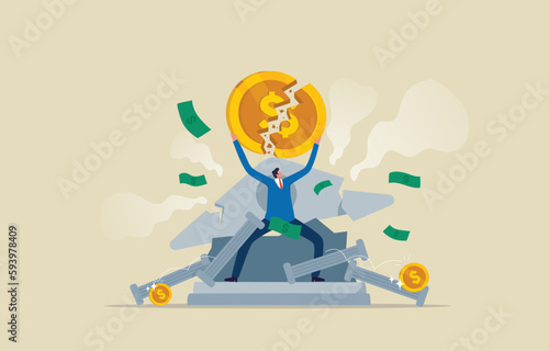 Banking Default and Bank Crisis.  Banks drowning in debt with financial instability. Businessman or banker trying to prevent bank collapse. Illustration