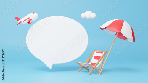 Summer sale ad banner template. Quick tips with airplane icon for summer with copy space on speech bubble. Have a vacation and travel in summer concept. Promotion of summer. 3d rendering illustration