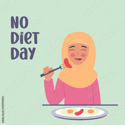 No diet day. Woman in hijab eating unhealthy food