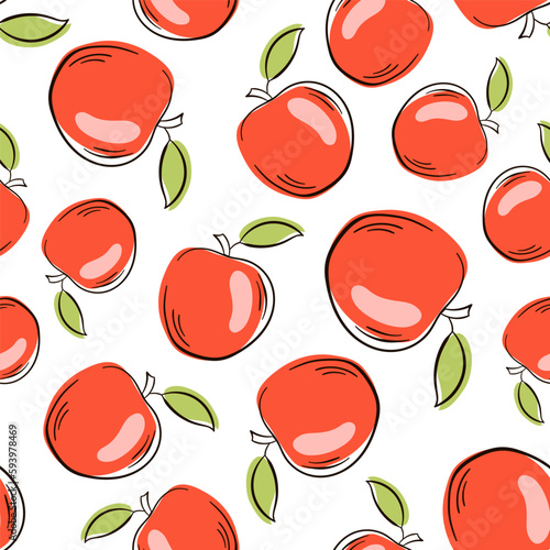 Fototapeta Naklejka Na Ścianę i Meble -  Apple line art, flat style seamless pattern. Hand drawn fresh apple. Vector sketch background. Color doodle wallpaper.