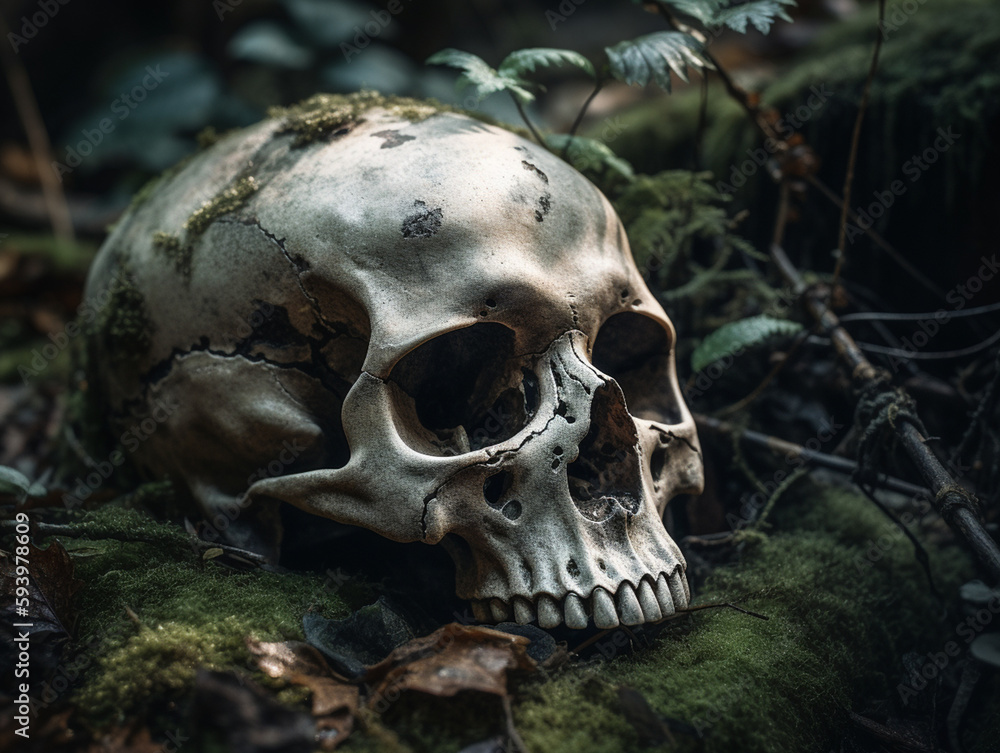 Human skull in on a forest floor, ai generative Human skull in on a forest floor, ai generative