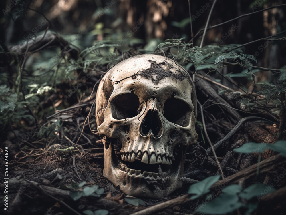 Human skull in on a forest floor, ai generative Human skull in on a forest floor, ai generative