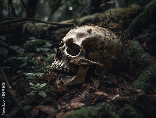 Human skull in on a forest floor, ai generative