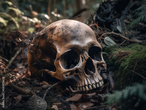 Human skull in on a forest floor, ai generative