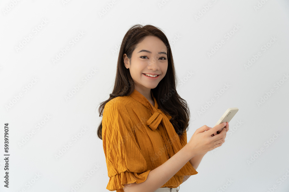 Naklejka premium working woman, Portrait of smiling Asia girl in work clothes using mobile phone, freelance, out site, research, copy space, happy cheerful cute business, positive energy, Business plan, executive