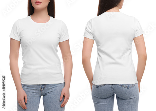 Woman wearing casual t-shirt on white background, closeup. Collage with back and front view photos. Mockup for design