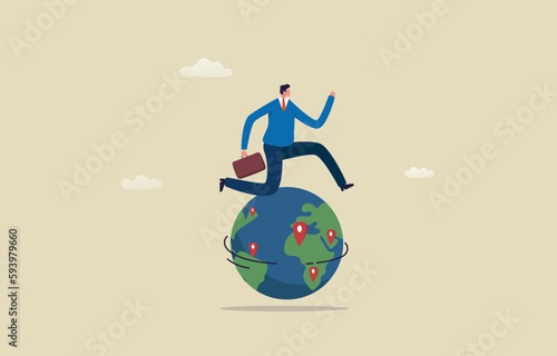 Global business expansion. Business opportunity.  Branch expansion strategy. Businessman With Briefcase During Business Trip. Illustration