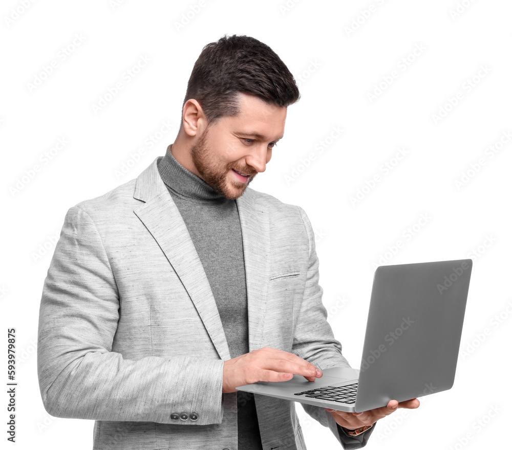 Handsome bearded businessman using laptop on white background Handsome bearded businessman using laptop on white background