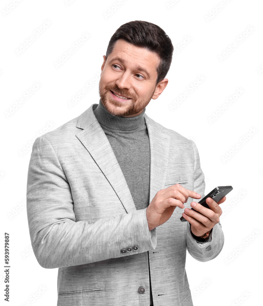 Handsome bearded businessman with smartphone on white background Handsome bearded businessman with smartphone on white background