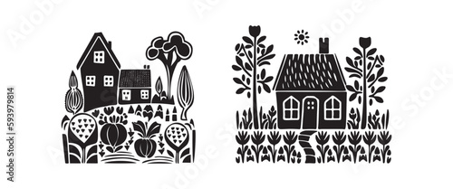 Quirky row of houses with garden set. Collection of rural linocut real estate motifs. 