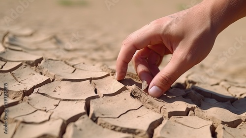 Man hand on dry cracked earth. Genertive AI photo