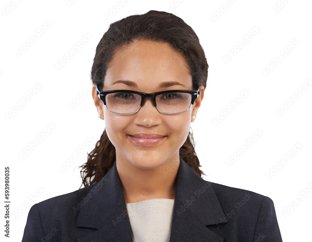 Professional woman, glasses and portrait with vision and face isolated on transparent or png background. Headshot, fashion eyewear and optometry with corporate employee and smart business female