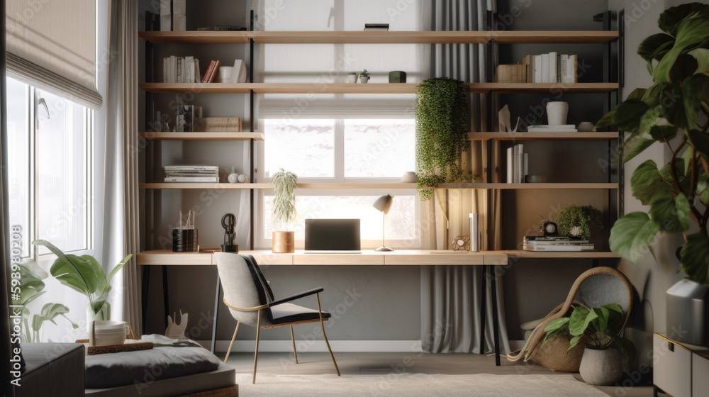 Modern living room with open shelves with desk chair smartphone and staggered accessories interior. Generative AI Modern living room with open shelves with desk chair smartphone and staggered accessories interior. Generative AI