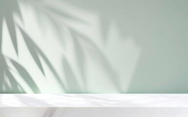 Minimalistic light background with blurred foliage shadow on a light wall. Beautiful background for presentation with with marble floor.