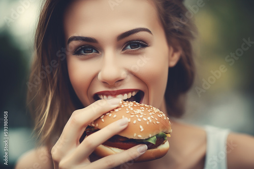Pretty young caucasian woman biting hamburger  outdoors. Generative AI