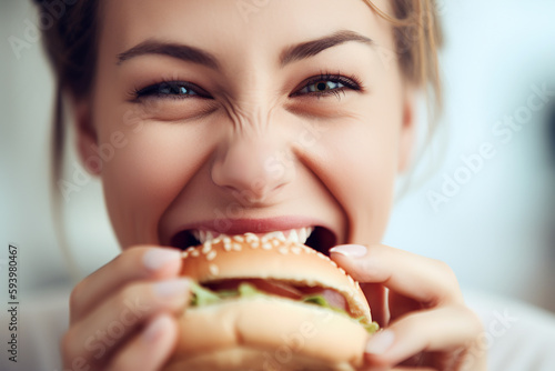 Pretty young caucasian woman biting hamburger. Generative AI