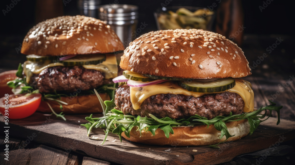 On a wooden stand delicious homemade burgers of beef cheese and vegetable, blurred background and fire. Al generated