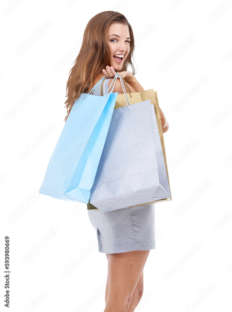 Woman, shopping bags and portrait smile with wink standing. Happy attractive female shopper carrying gifts and smiling in happiness for sale, discount or deal isolated on a transparent png background Woman, shopping bags and portrait smile with wink standing. Happy attractive female shopper carrying gifts and smiling in happiness for sale, discount or deal isolated on a transparent png background