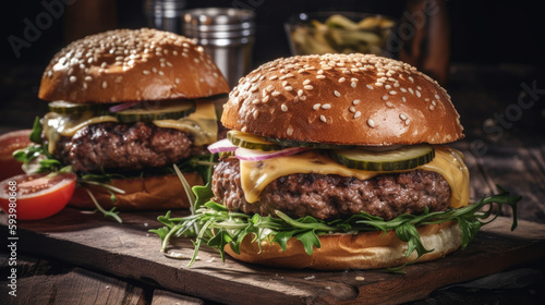 On a wooden stand delicious homemade burgers of beef cheese and vegetable  blurred background and fire. Al generated