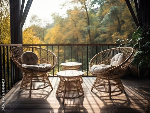 Foto outdoor furniture rattan chairs and table on terrace Generative AI