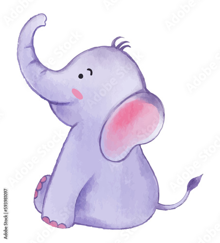 Elephant . Watercolor paint design . Cute animal cartoon character . Sitting position . Vector .