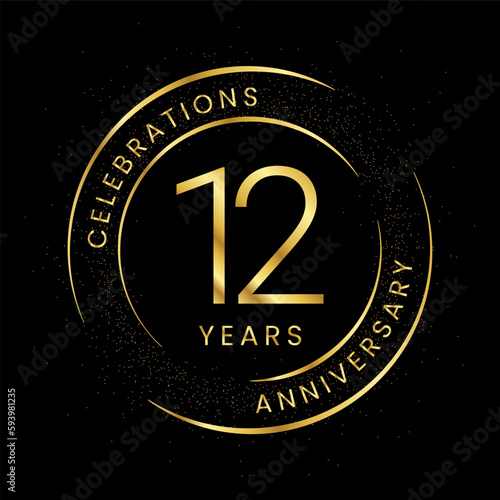12th anniversary, golden anniversary with a circle, line, and glitter on a black background.