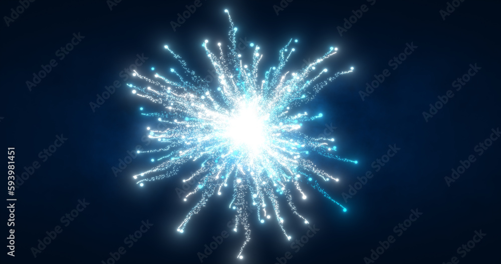 Fototapeta premium Abstract glowing energy explosion whirlwind firework from blue lines and magic particles abstract background