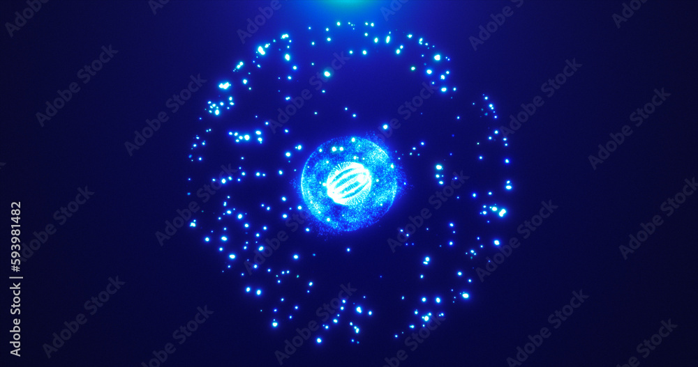 Abstract round blue sphere glowing energy magic molecule with atoms from particles and dots cosmic. Abstract background Abstract round blue sphere glowing energy magic molecule with atoms from particles and dots cosmic. Abstract background