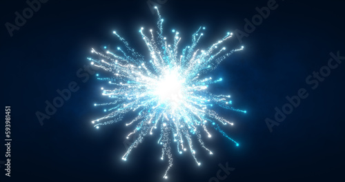 Abstract glowing energy explosion whirlwind firework from blue lines and magic particles abstract background