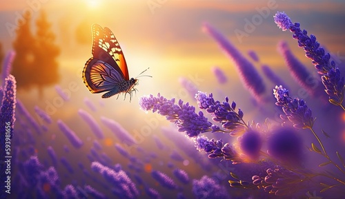 Blossoming Lavender flowers and flying butterfly in summer morning background . Purple growing Lavender banner by ai generative