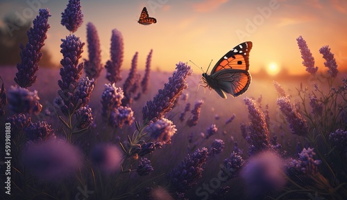Blossoming Lavender flowers and flying butterfly in summer morning background . Purple growing Lavender banner by ai generative