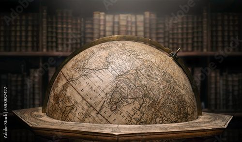 Old geographical globe in cabinet with bookselfs. Science, education, travel, vintage background. History and geography team. Ancience, antique globe on the background of books.
