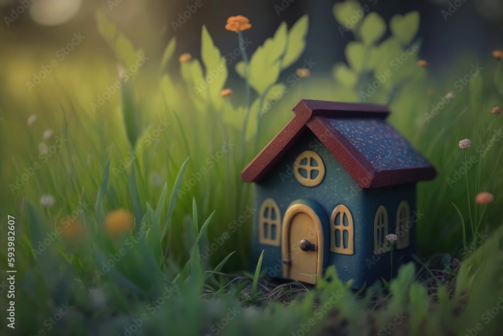 Miniature house on the green grass with bokeh background Miniature house on the green grass with bokeh background