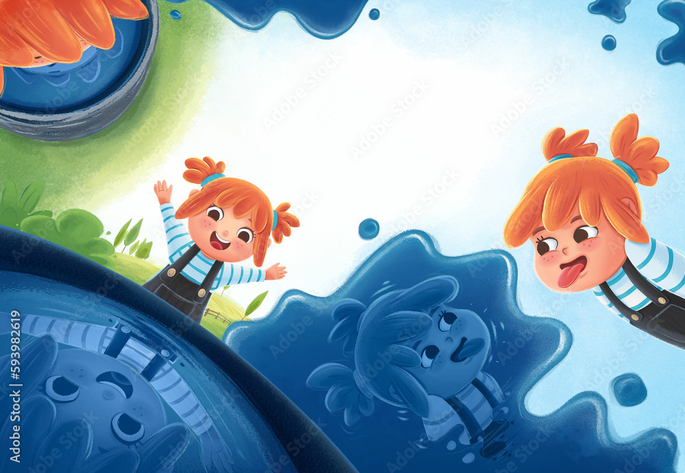 Naklejka premium little girl plays with water and bucket illustration for children