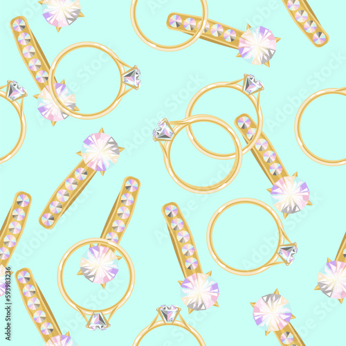 Seamless pattern of gold earrings and diamond rings on a light turquoise background.Vector pattern for wedding designs,textiles.