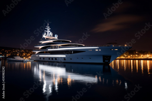 Large private yacht at night docked illuminated LED © Nick