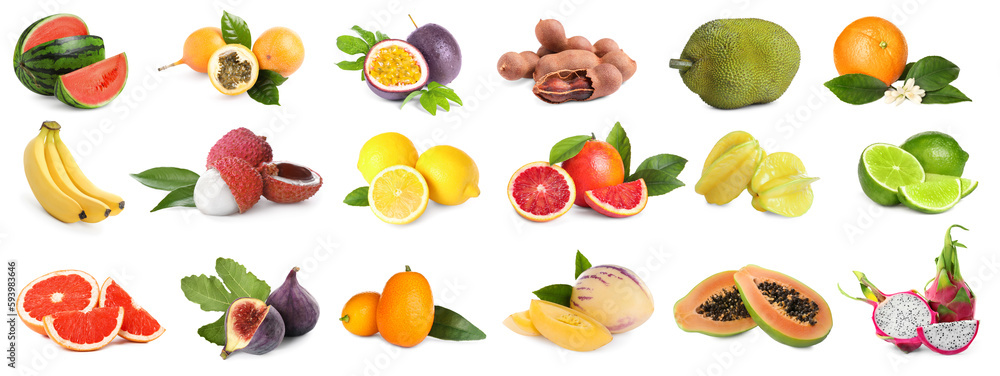 Collage with many fresh exotic fruits on white background Collage with many fresh exotic fruits on white background